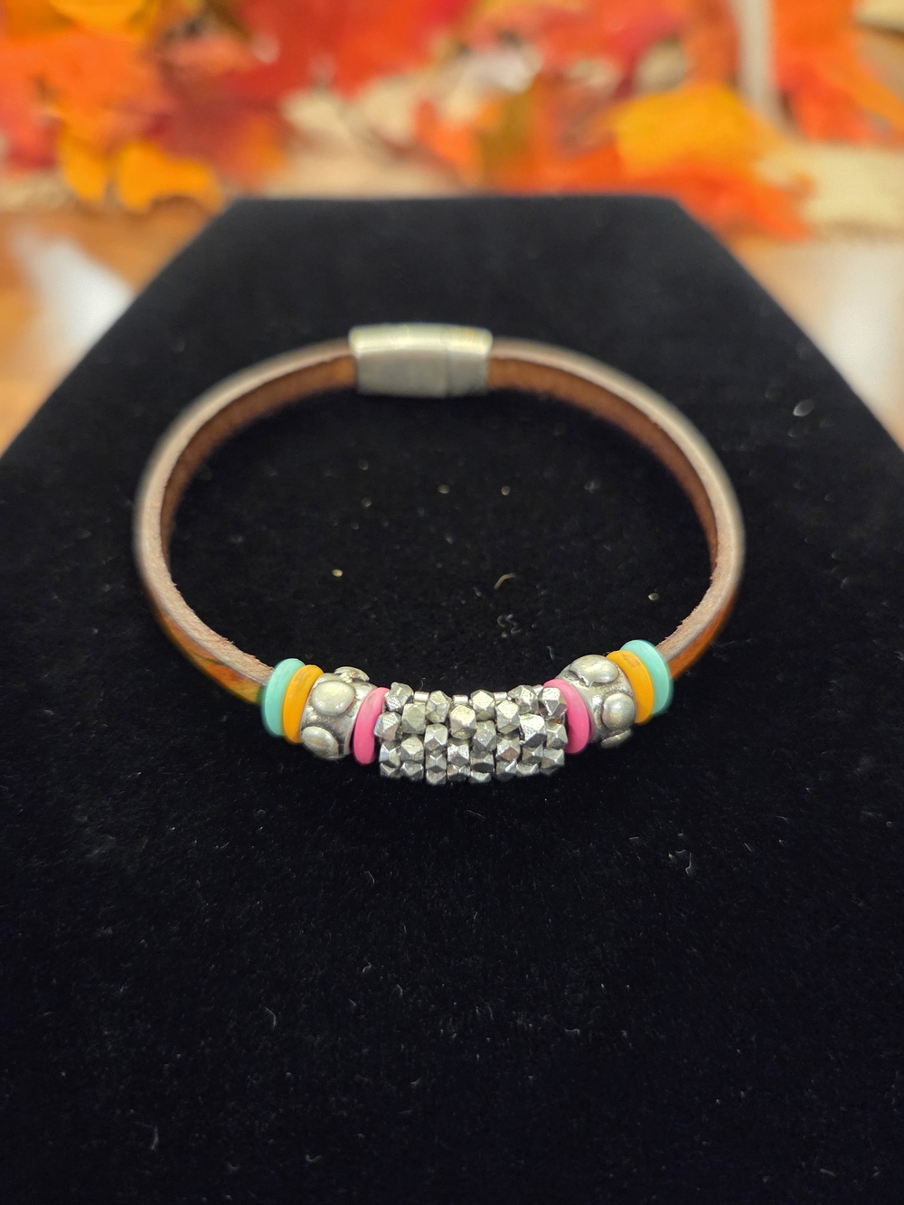 Leather Bead Stack Bracelet with Pink & Turquoise Accents